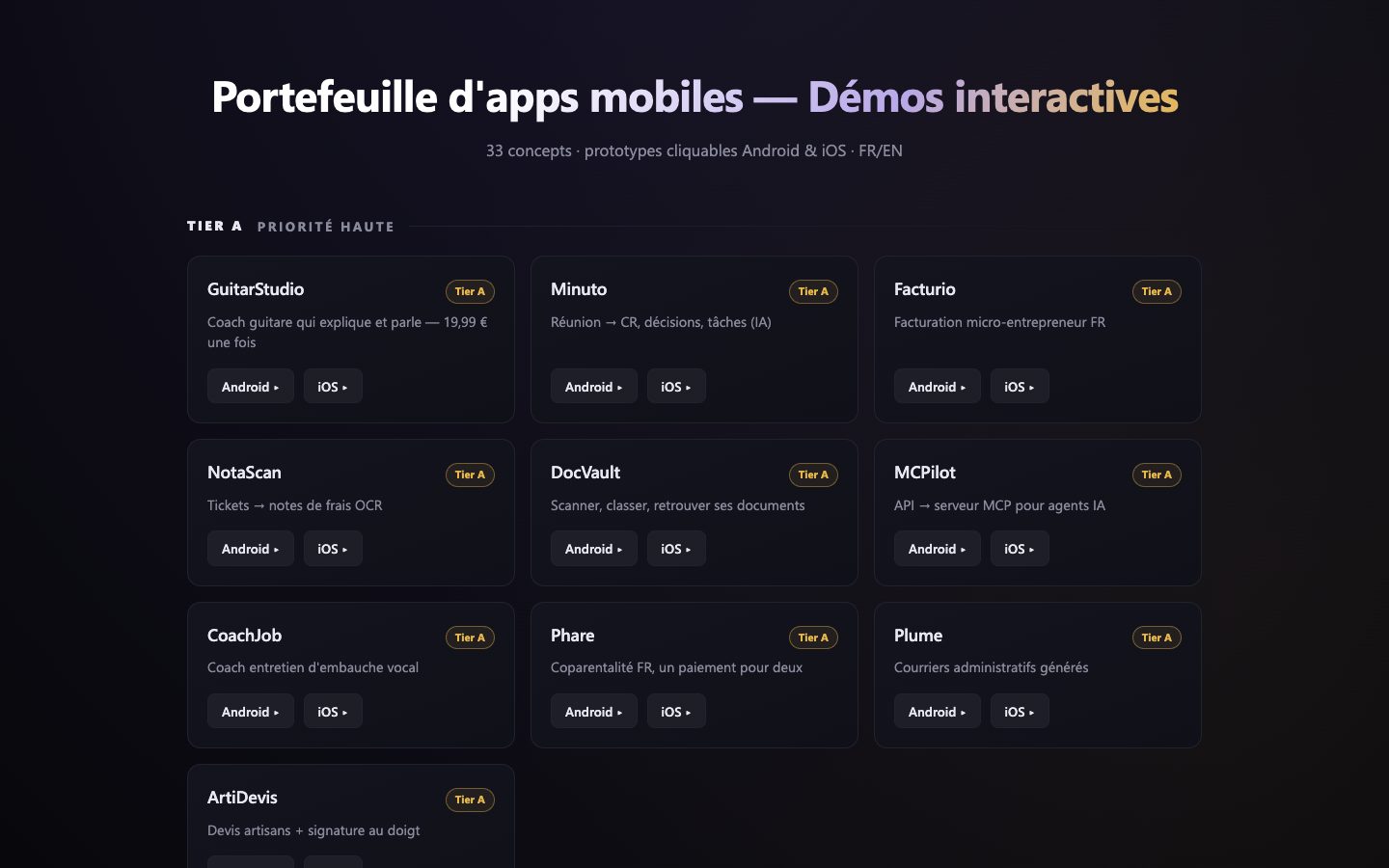Aperçu de applications mobiles